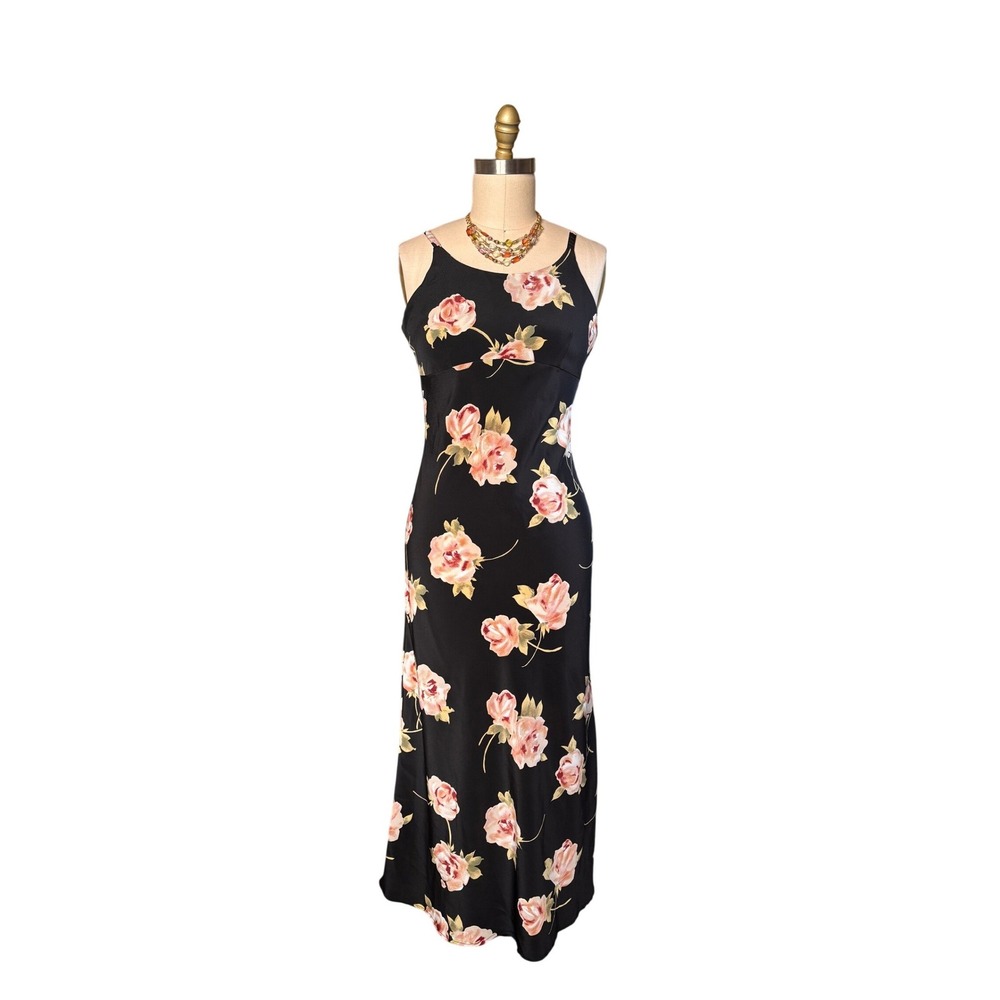 90s Pretty Good Floral Vacation Maxi Dress Empire Waist Buttons M Black Vintage